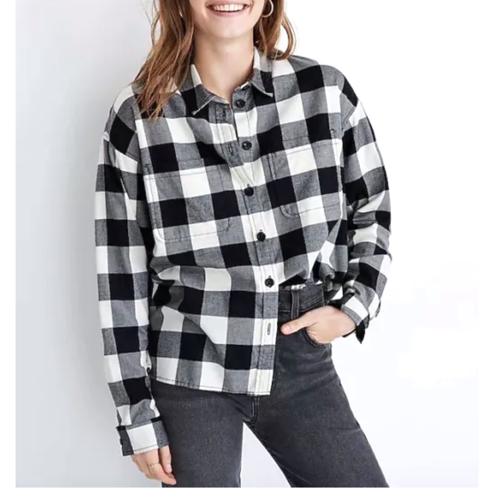 Madewell Button Down Shirt Flannel Black White Oversized Buffalo Check Large